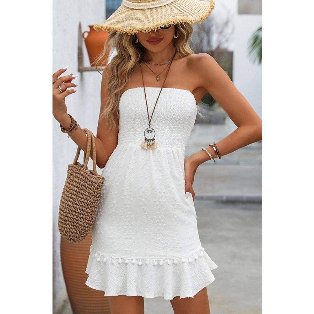 Beachsissi Mini Dress Ruffle Hem Bandeau Smocked White Size XL